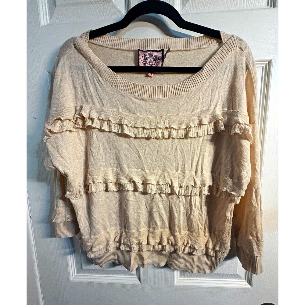 Juicy Couture Women's Beige Knit Ruffle Pullover Sweater Long Sleeve M
